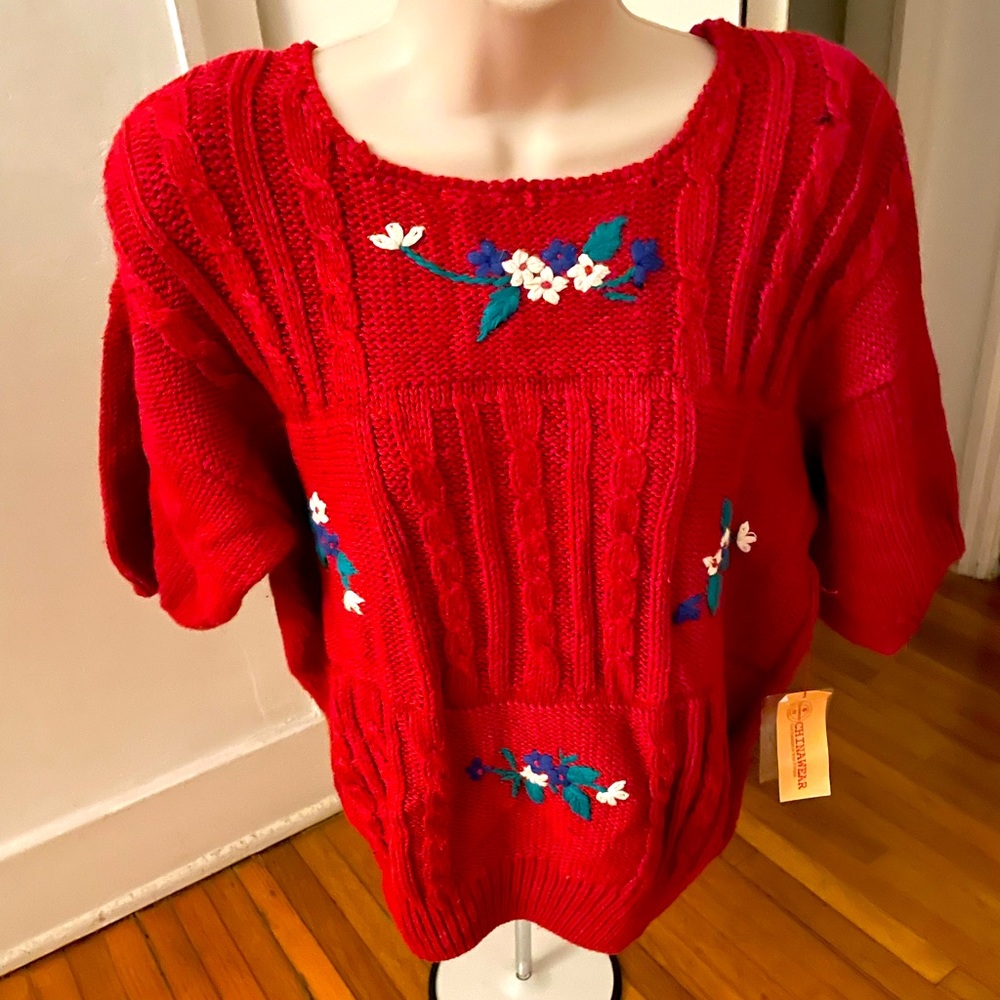 NWT vintage Chinawear floral embroidered red cable knit sweater size M deadstock